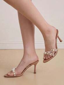 Eladyva Sandalias de tacón alto transparentes y desnudas para mujeres con decoración de perlas, sandalias de tacón alto simples y elegantes con punta puntiaguda para fiestas de verano, modernas y cómodas - Albaricoque - Ver 4