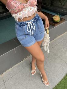 SHEIN Tall Women's Drawstring Waist Casual Versatile Daily Wear Denim Shorts - Blue - View 6