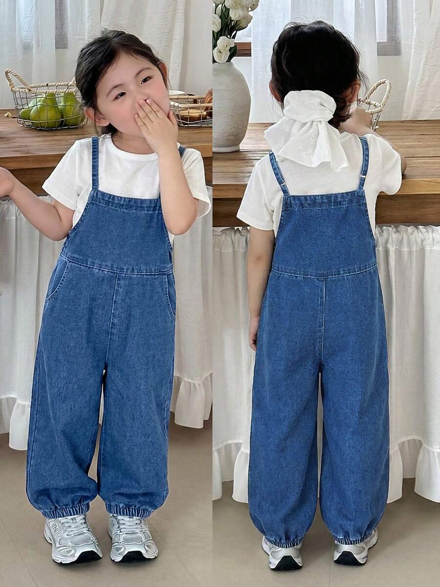 Young Girl' Blue Denim Loose Jumpsuit With Adjustable Straps - Medium Wash - View 1