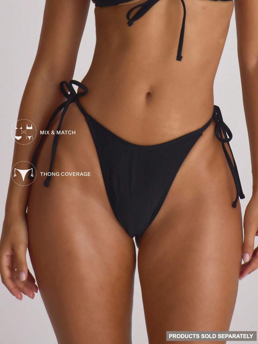 Musera Resort Quần bikini dây buộc bên hông, cổ khoét sâu, thích hợp cho kỳ nghỉ hè, du lịch, đồ bơi cơ bản, màu trơn, phong cách nghỉ dưỡng. - màu đen - Xem 1