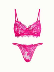 Bonmuse 2 piezas Conjunto de sujetador con aros de encaje fucsia, diseño de encaje transparente con tirantes ajustables - Rosa Roja - Ver 1