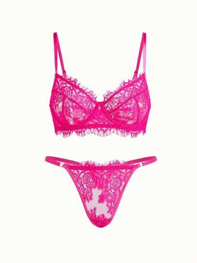 Bonmuse 2pcs Fuchsia Lace Underwire Bra Set, Sheer Lace Design With Adjustable Straps