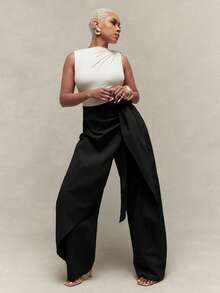 Vixey Asymmetrical Wrap Panel Elastic Waistband Black Barrel Leg Trousers, Office Wear Dinner, Workwear, Desk To Dinner Autumn Classy Elegant - Black - View 3