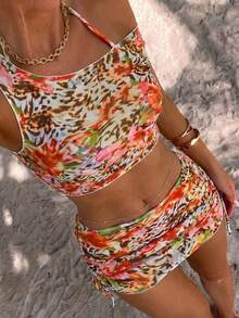Zestiva Bộ bikini 4 mảnh gợi cảm họa tiết da báo, hở lưng, buộc dây, thích hợp cho bãi biển và kỳ nghỉ dành cho nữ. - Nhiều màu - Xem 3