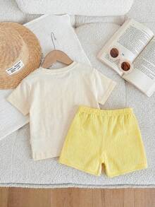 2pcs/Set Baby Girl Casual Cute Summer Strawberry Fruit Print T-Shirt And Leggings Set, Beige, Vacation, Y2K Style Baby Girl Cozy Fall Fashion Outfit Sets - Multicolor - View 2