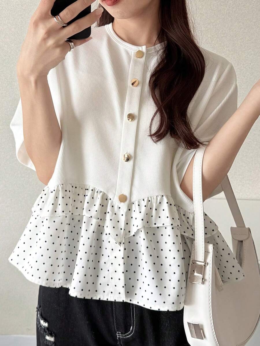 FRIFUL Áo thun nữ kiểu dáng ngọt ngào, dễ thương, phong cách nghỉ mát, họa tiết chấm bi, vạt peplum, thích hợp cho mùa hè. - trắng - Xem 1