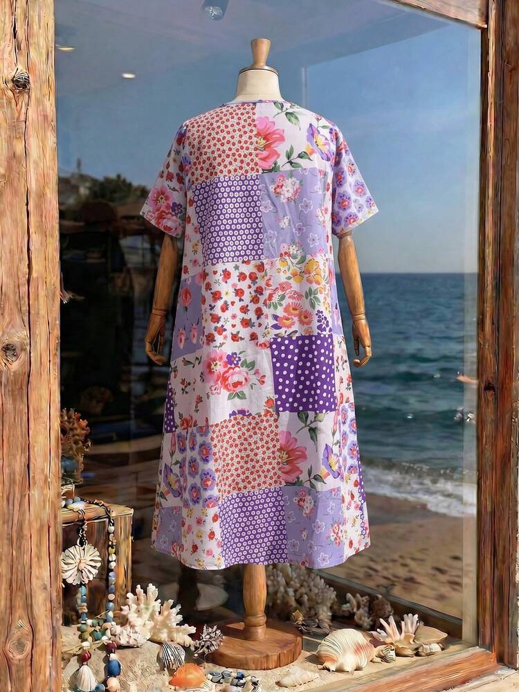 Plus Size Women Casual All-Over Print Round Neck Dress, Suitable For Gathering And Outing Summer Dress Summer Outfits For Women Spring Clothing Spring Outfit Beach Outfits For Women Vacation Outfits Women Summer Holiday Outfits Country Style For Women Festival Outfits For Women Casual Dresses For Women Country Dress Mothers Day Outfit