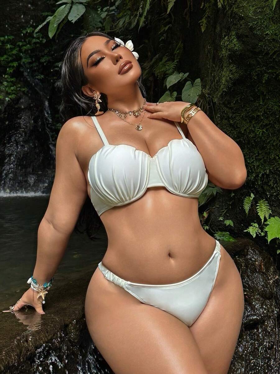 Swim SXY 大码女士褶皱比基尼套装,纯米色,性感欧美风格 - 米色 - 查看 1