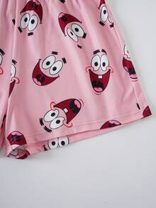 SpongeBob SquarePants | SHEIN 大尺碼女款卡通印花短袖上衣與短褲休閒居家睡衣套裝 - 粉色 - 查看 7