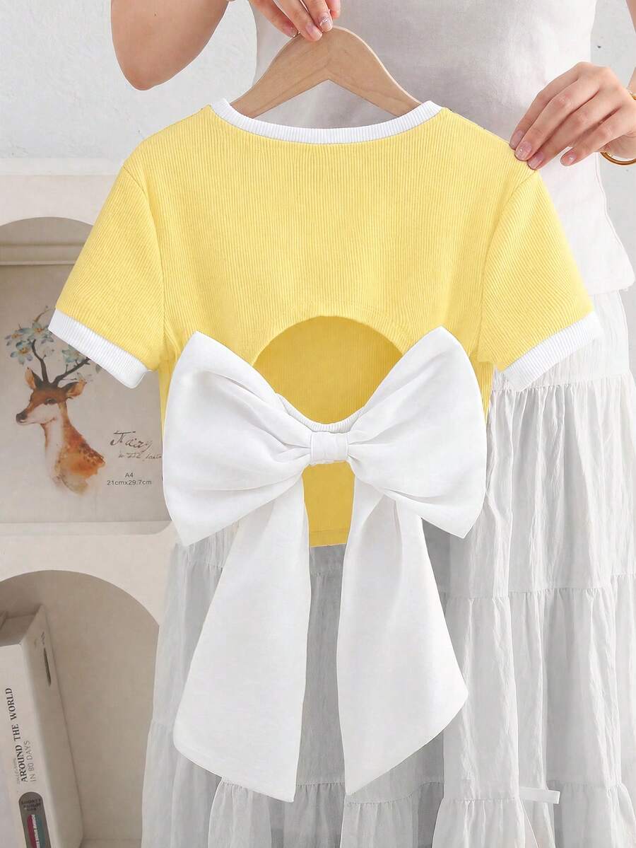 Camiseta corta de punto de unicolor ajustada y sin espalda con decoración de lazo de organza sobredimensionado para niña, elegante estilo francés, de vuelta al colegio, Y2K, estilo dulce y fresco de señorita - Amarillo - Ver 1