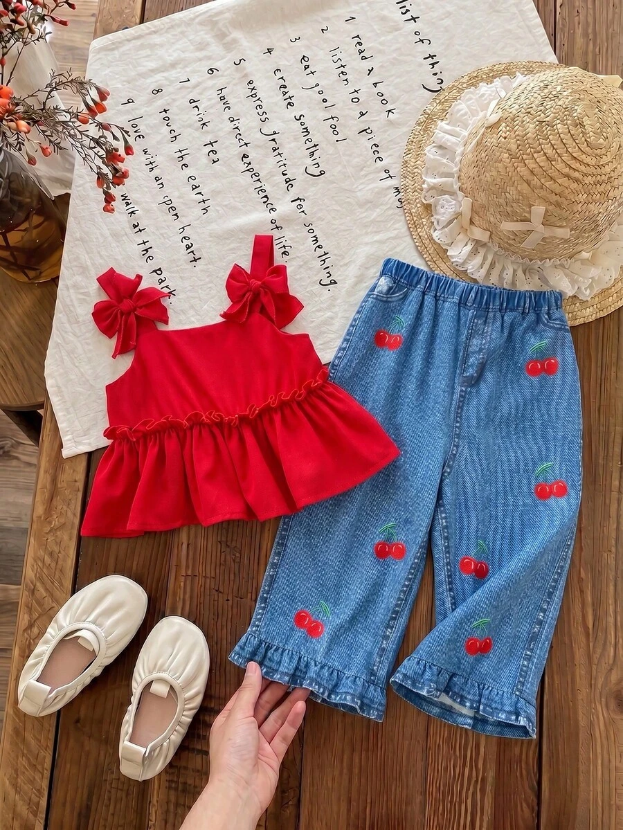 SHEIN Baby Girl's Summer Two-Piece Outfit: Red Tank Top Paired With Cherry Embroidered Flared Pants. Suitable For Spring/Summer Every Day, Outings, Travel, School, And Vacations. - Red - View 1