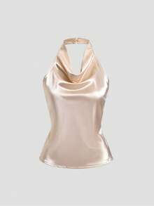 Sweetra Áo kiểu nữ thanh lịch mới, cổ xếp ly, lưng hở, không tay, buộc dây cổ, chất liệu satin, màu trơn. - Màu be - Xem 1