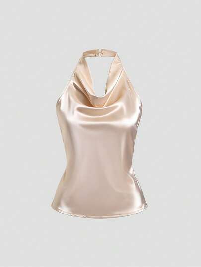Sweetra Áo kiểu nữ thanh lịch mới, cổ xếp ly, lưng hở, không tay, buộc dây cổ, chất liệu satin, màu trơn.