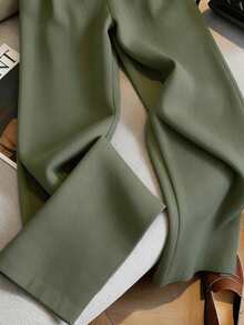 Franclia Pantalones de lino a rayas de moda versátil y casual - Verde militar - Ver 3