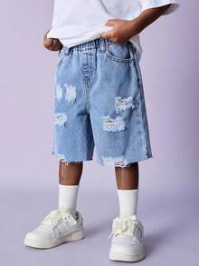 Quần short denim rách dáng rộng cho bé trai, màu xanh dương. - Rửa nhẹ - Xem 3