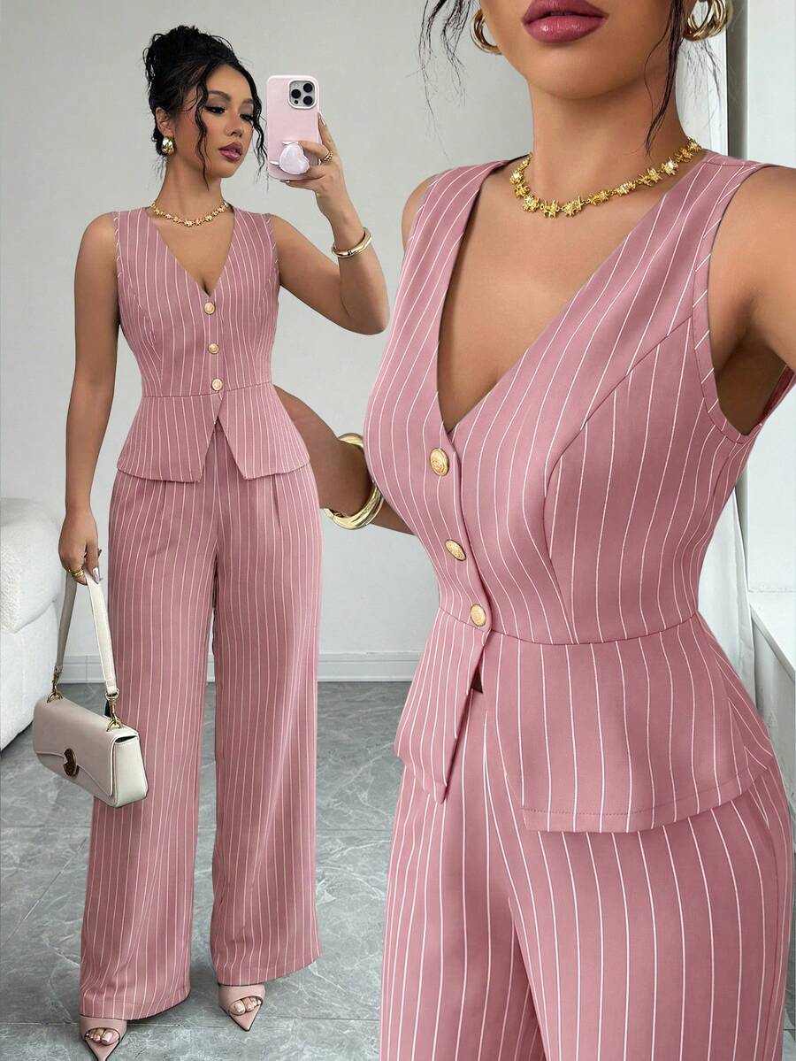 SHEIN Elenzya Bộ vest nữ màu xanh hải quân và trắng kẻ sọc, thiết kế chữ A thắt eo, áo vest không tay kẻ sọc thanh lịch, phù hợp cho đi làm hàng ngày, phong cách công sở cổ điển, thích hợp cho mùa hè, ngày Quốc khánh, lễ tốt nghiệp, tựu trường. Phiên bản mùa thu có điểm nhấn là cúc kim loại, tinh tế và sang trọng, phù hợp cho trang phục công sở, đi làm, thời trang đường phố, phong cách lãng mạn Pháp, thường ngày, phong cách cổ điển Trung Đông, tiệc trà chiều, tiệc tùng, Lễ Tạ ơn, tựu trường và trang phục mùa xuân/hè. - Hồng - Xem 1