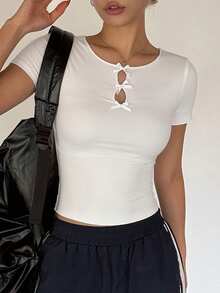 ajustada de manga corta y cuello cuadrado de unicolor para mujer, uso casual diario, tops cortos para mujer, tops lindos - Blanco 16 - Ver 3