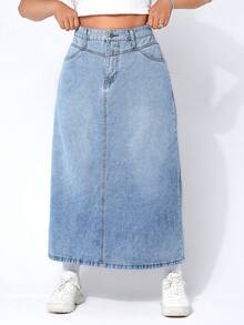 Rivivi 女士休闲日常口袋纽扣牛仔裙 - 藍色 - 查看 1