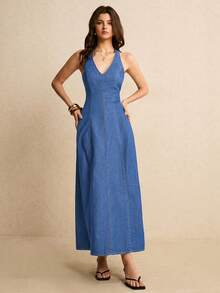 Poéselle Women's V-Neck Backless Denim Dress Vacation Light Blue Autumn Casual - Medium Wash - View 3