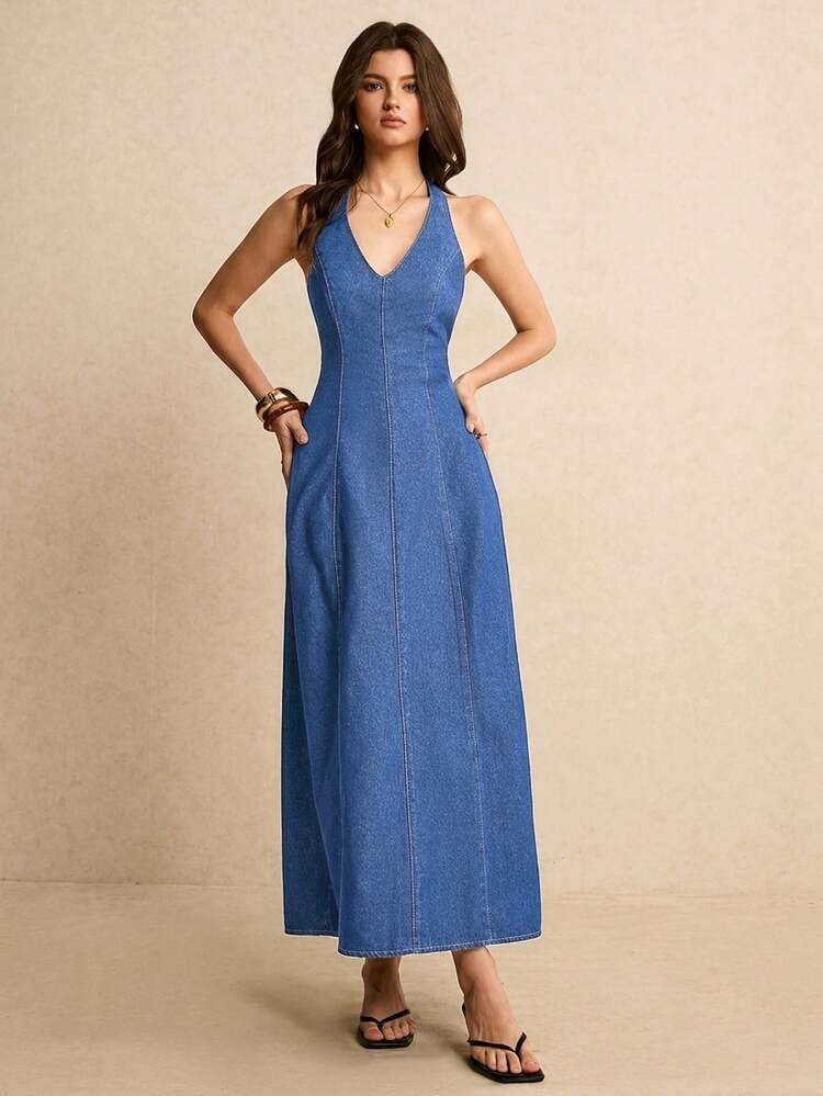 Poéselle Đầm denim hở lưng cổ chữ V dành cho nữ - Rửa trung bình - Xem 3