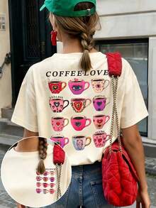 Women's T-Shirt, Casual Street Style Graphic Short Sleeve T-Shirt, Cute Summer Top - Apricot - View 1