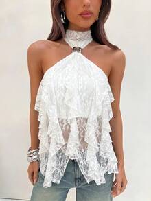 Camiseta ajustada de mujer con cuello alto y volantes multicapa elegante - Blanco - Ver 3