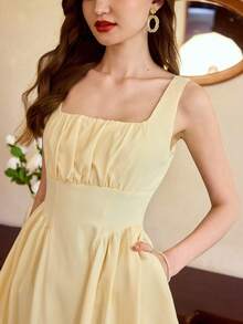 Vintamour Đầm midi không tay cổ điển họa tiết hoa, xếp ly ở phần ngực và gấu đầm, kiểu dáng phồng, thích hợp cho kỳ nghỉ xuân và hè. - Màu vàng ngỗng - Xem 3