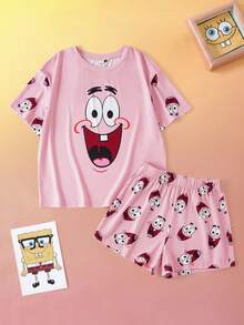 SpongeBob SquarePants | SHEIN 大尺碼女款卡通印花短袖上衣與短褲休閒居家睡衣套裝 - 粉色 - 查看 3