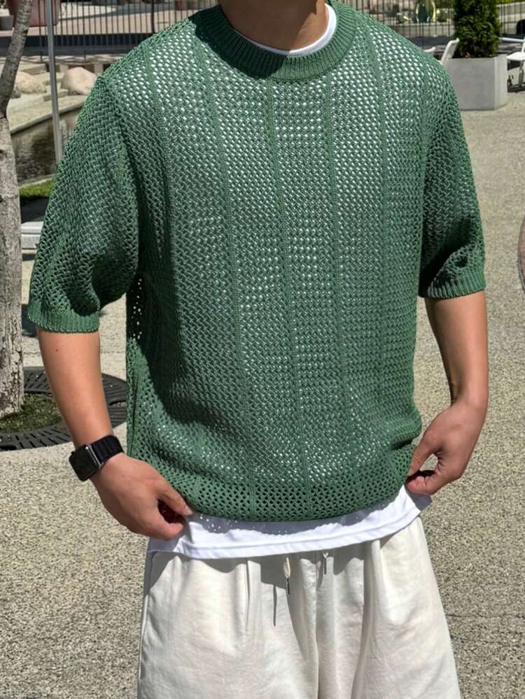 Men's Minimalist Green Short Sleeve Mesh Knit Top, Summer