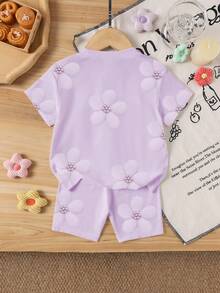 2pcs/Set Young Girls Floral Print Cute T-Shirt And Shorts Set, Fashionable Casual Outfit Suitable For Spring/Summer Vacation - Multicolor - View 2