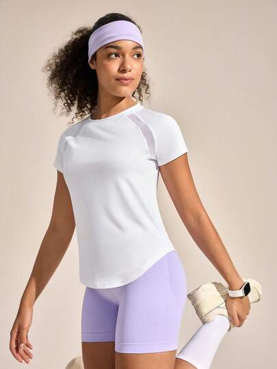 Exploreva Women's Casual Mesh Patchwork Round Neck Raglan Sleeve Outdoor T-Shirt, Summer