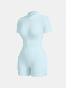 Breezaya Solid Color Short Sleeve Fitted Sports Jumpsuit Bodysuit Romper Zip Up Romper Seamless Romper Blue Bodysuit Ribbed Romper Tummy Control Romper - Mint Blue - View 6