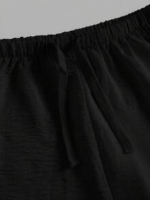 SHEIN 少女休闲纹理腰部蝴蝶结装饰黑色裤子 - 黑色 - 查看 3