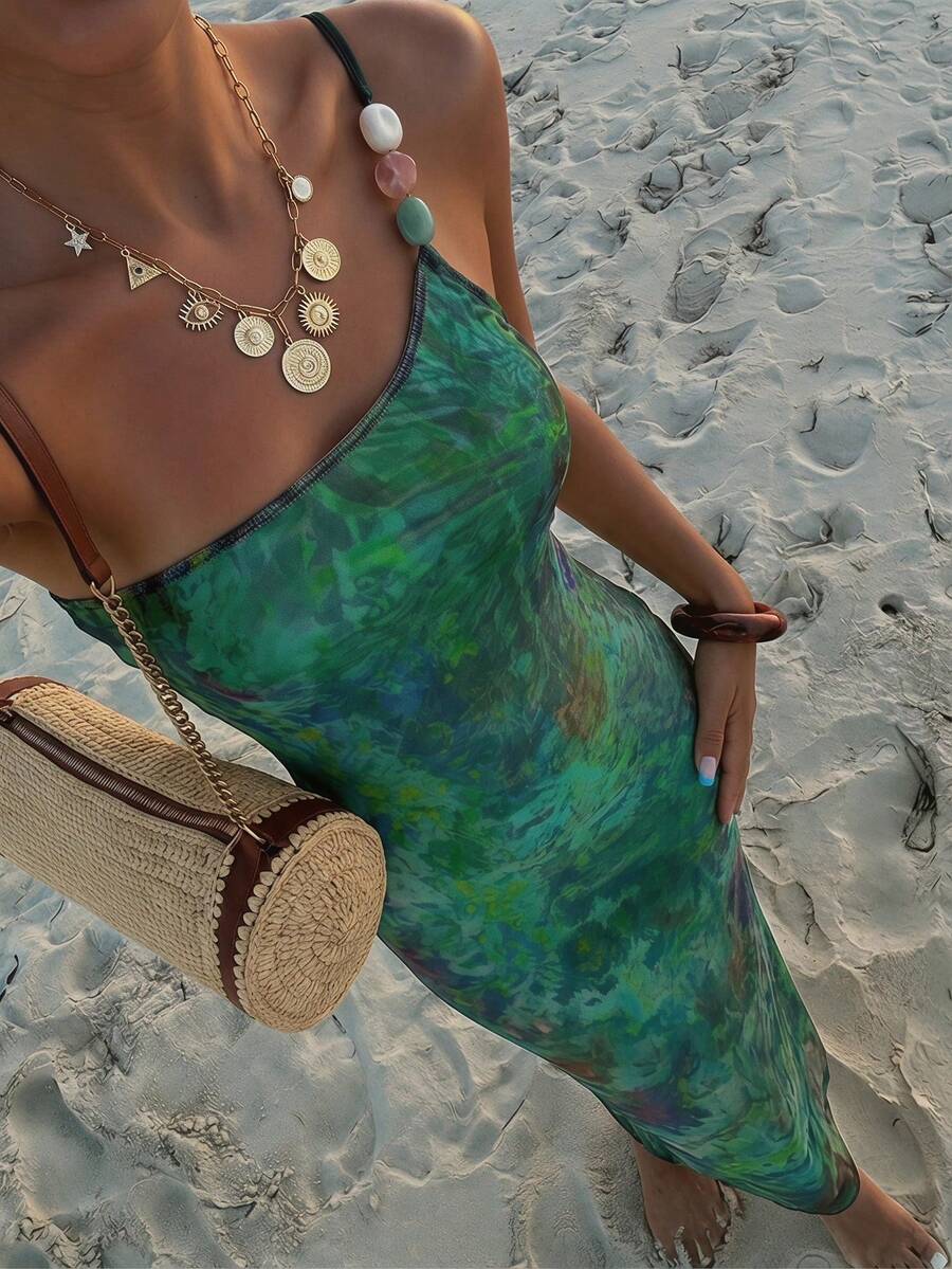 Aloruh Vestido ajustado sin mangas con estampado de teñido anudado para mujer - Verde - Ver 1