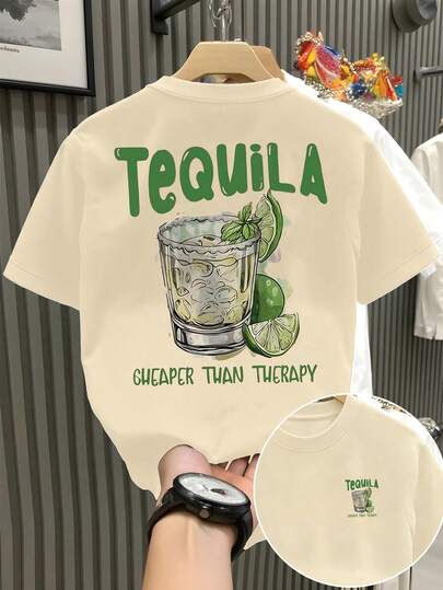 Resyla Men's Plus Size "Tequila Cheaper T-Shirt Than Psychotherapy" | Fun Cocktail Print | Summer Vacation Crew Neck T-Shirt