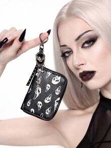 ROMWE Goth 暗黑系骷髅骨印花荔枝纹理真皮短款拉链钱包。朋克风挂饰，多功能钱夹。 - 黑色 - 查看 1
