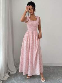 SHEIN Raffinéa Women's Elegant Vacation Fashion Printed Dress, Summer - Pink - View 5