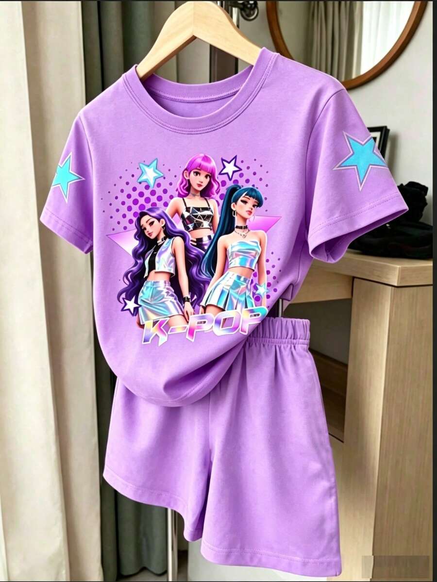 女童夏季新款K-POP女团印花紫色短袖套装,儿童可爱星星印花T恤+配套短裤两件套,韩版休闲装 - 白色 - 查看 1