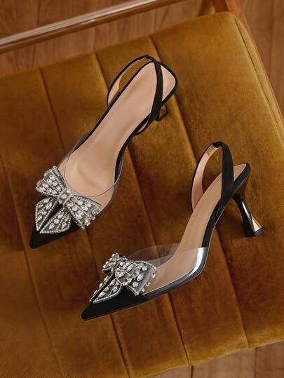 Women's Rhinestone Bow Decor Pointed Toe Slip-On Pumps, Elegant And Comfortable High Heel Party Wedding Dress Shoes, Suitable For Spring, Summer, Autumn, Winter, Black Valentines, Kitten Heels, Elegant