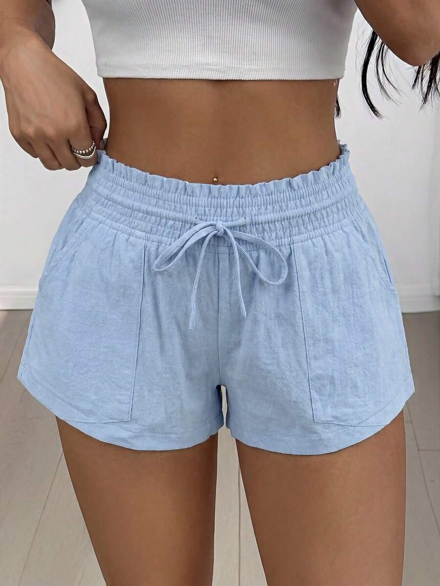 SHEIN EZwear 2026夏季女式休闲纯色浅蓝色抽绳腰侧口袋短裤 - 淺藍色 - 查看 1