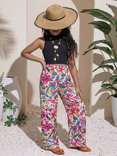 SHEIN Bộ đồ thể thao thường ngày cho bé gái tuổi teen: Áo không tay màu trơn và quần ống rộng dệt kim, 2 món, thích hợp cho kỳ nghỉ.