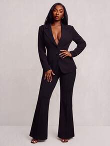 Radiana Plus Size Women's Commuter Style Suit And Flared Pants Set In Fall/Winter Black - Black - View 5