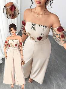 Elenzga Mono elegante con hombros descubiertos, bordado de rosas y malla floral para mujer de talla grande, con cintura ceñida, adecuado para fiestas y reuniones de primavera/verano - Albaricoque - Ver 1
