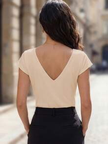 EMERY ROSE New Spring/Summer V-Neck Crossed Shoulder Short Sleeve Fitted Backless Stylish Blouse For Women - Apricot - View 2