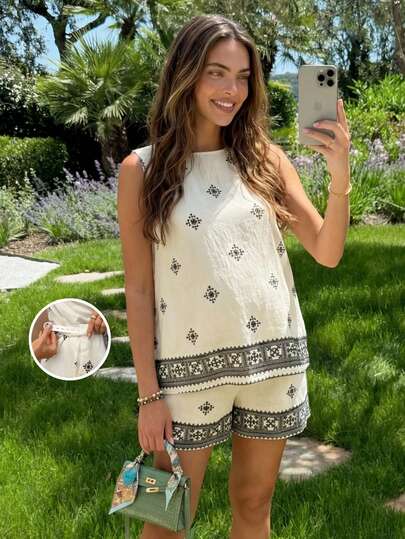SHEIN Maternity Vacation Casual Geometric Print Tank Top And Shorts 2 Pieces Set 2 Piece Set Women Women Shorts Set Sleeveless Top And Shorts Embroidered Shorts Set Patterned Shorts Top Set Coords For Women Summer Outfit Picnic Outfits For Women Holiday Outfits For Women Summer Resort Style Outfits Petite Summer Outfits