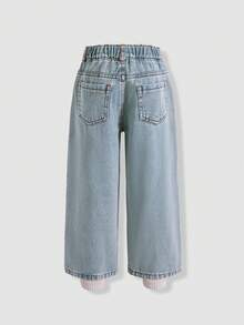 SHEIN Quần jeans ống đứng cạp cao, túi phẳng, phong cách đường phố Y2K, dành cho bé gái, thích hợp mặc hàng ngày. - Rửa nhẹ - Xem 2