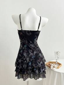 Elamini Đầm nữ, họa tiết hoa Paisley hạt điều, màu nâu, kiểu dáng đầm nghỉ dưỡng, phối lưới màu tương phản. - màu đen - Xem 2