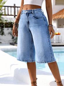 EMERY ROSE Plus Size Women Casual Everyday Commute Versatile Washed Bermuda Denim Shorts - Light Wash - View 6