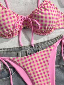 Swim Mod Bộ bikini nữ SHEIN Xuân/Hè in kỹ thuật số, có gọng nâng ngực và quần bơi buộc dây bên hông, kiểu dáng dễ thương cho kỳ nghỉ biển. - Hồng - Xem 5