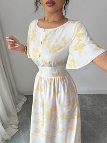 Balvessa Vestido de Manga Curta com Cintura Marcada e Estampa Floral Amarela, Novidade de Verão para Mulheres - Ganso amarelo - Visão 4
